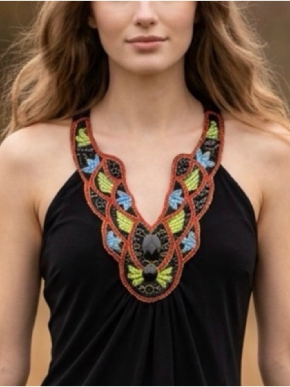 Black Embellished Halter Camisole with Multicolor Beaded Neckline Boho Western
